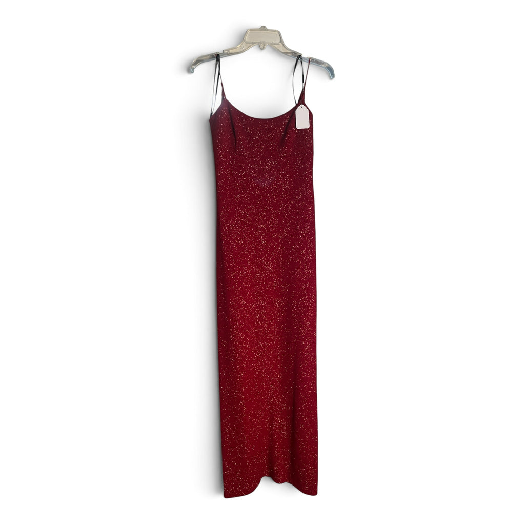 Superlative Online burgundy glitter maxi dress with spaghetti straps and a floor-length formal silhouette.