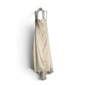 Superlative Online ivory floor-length bridal gown with a ruched bodice, halter neckline, and shimmering embellishments.