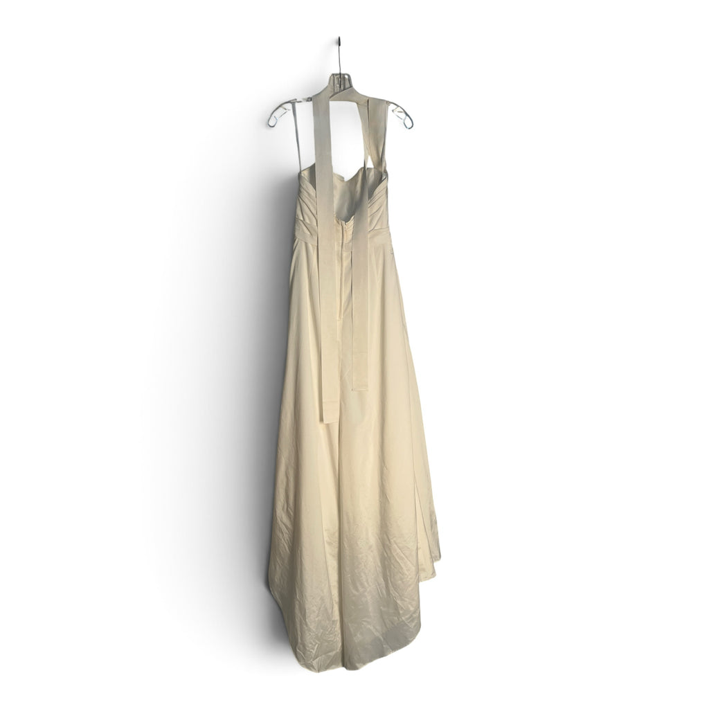 Superlative Online ivory floor-length bridal gown with a halter neckline, ruched bodice, and elegant ribbon ties.