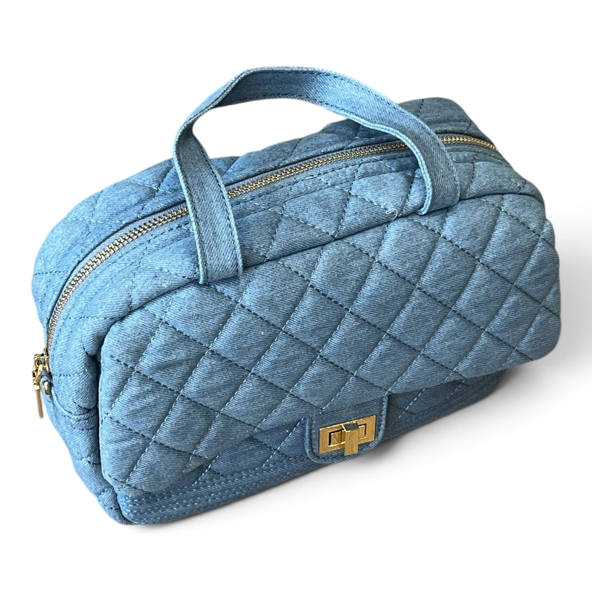 Superlative Online light blue quilted denim handbag with gold-tone hardware and top handles