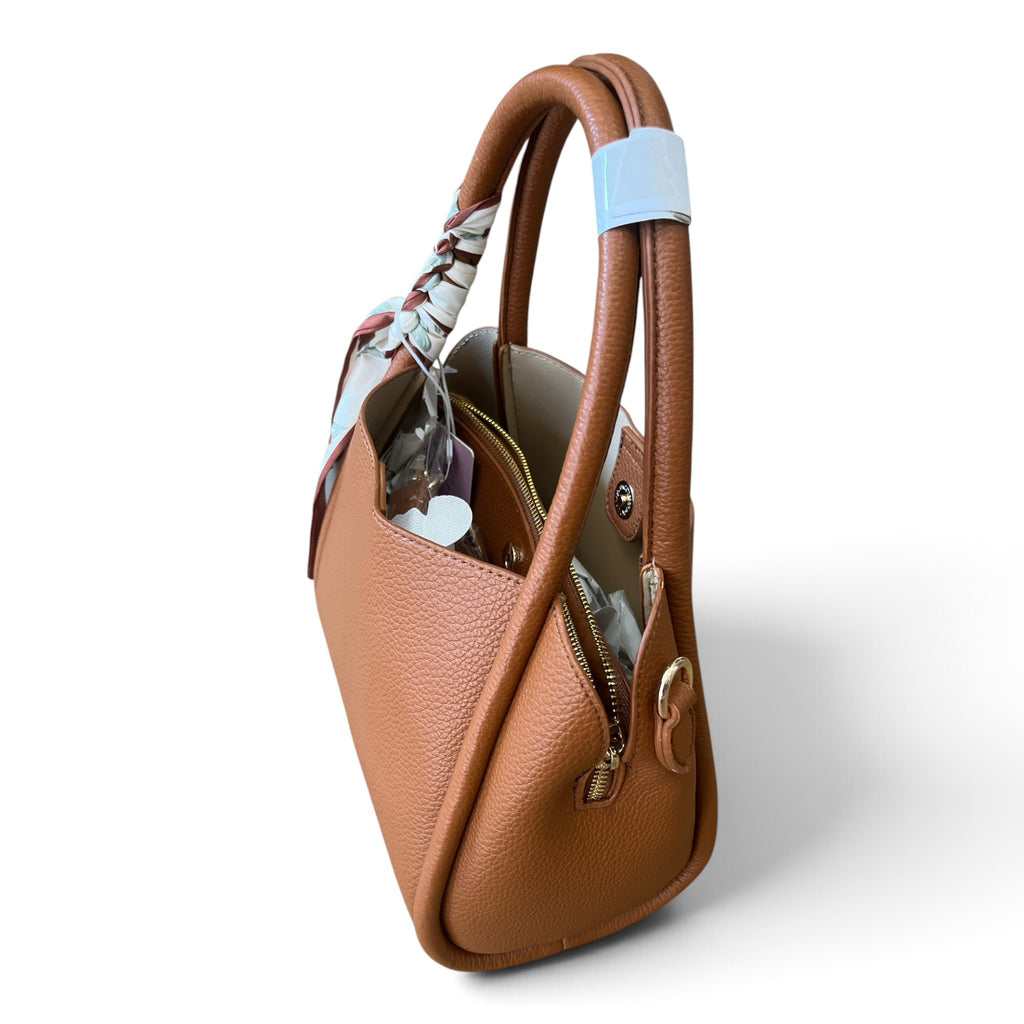 Superlative Online tan pebble-grain faux leather handbag with a floral scarf tied to the rounded top handle